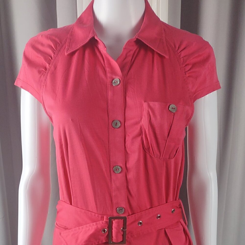 Migaino Womens 100% Cotton Pink/Coral Belted Midi Dress Size 42 (About A Size 6) - Picture 2 of 11